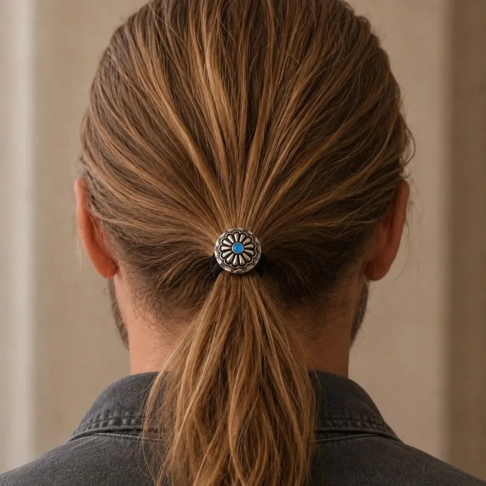 Men’s Western Concho Hair Tie Navajo Style Turquoise Blue Accent Stone